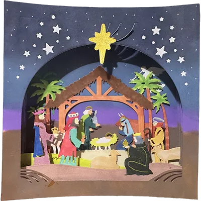 Carte de Noël artisanale en relief représentant la Nativité