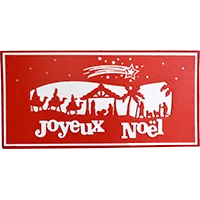Carte - Carte de Noël artisanale avec crèche en découpe de papier sur fond rouge